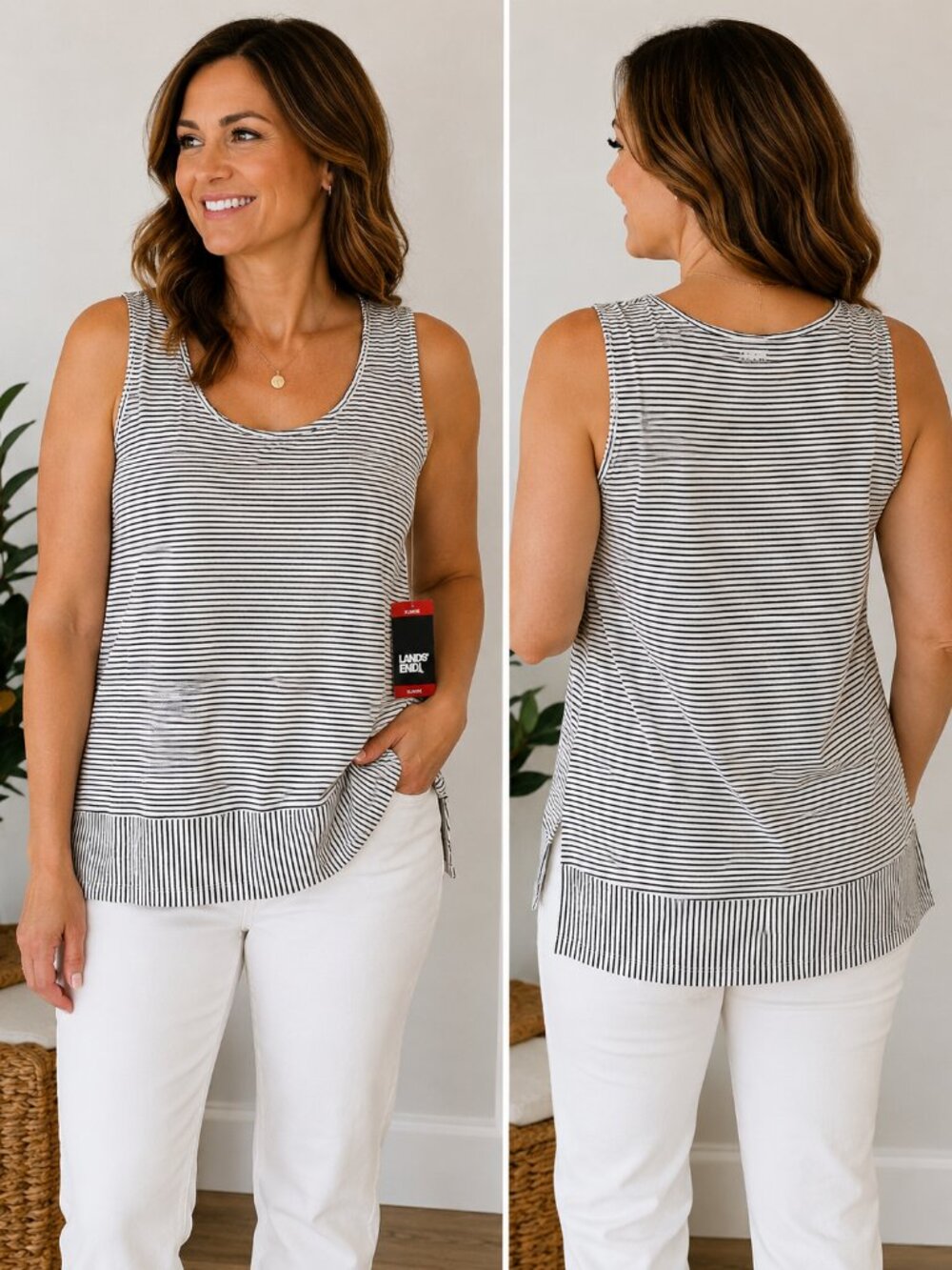 Lands' End Women's Split Hem Tank Top XL Black White Striped NWT